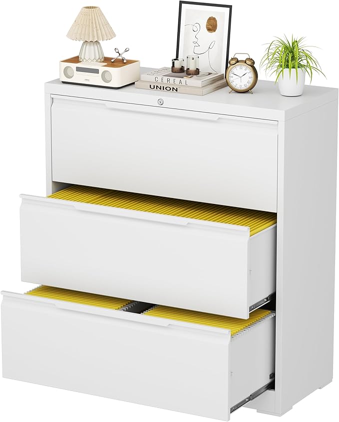 3 Drawer Lateral File Cabinets with Lock,Metal Filing Cabinet for Home Office,Wide Office Storage Cabinet with Hanging Bars for A4 Legal/Letter Size(White-Easy Assembly)