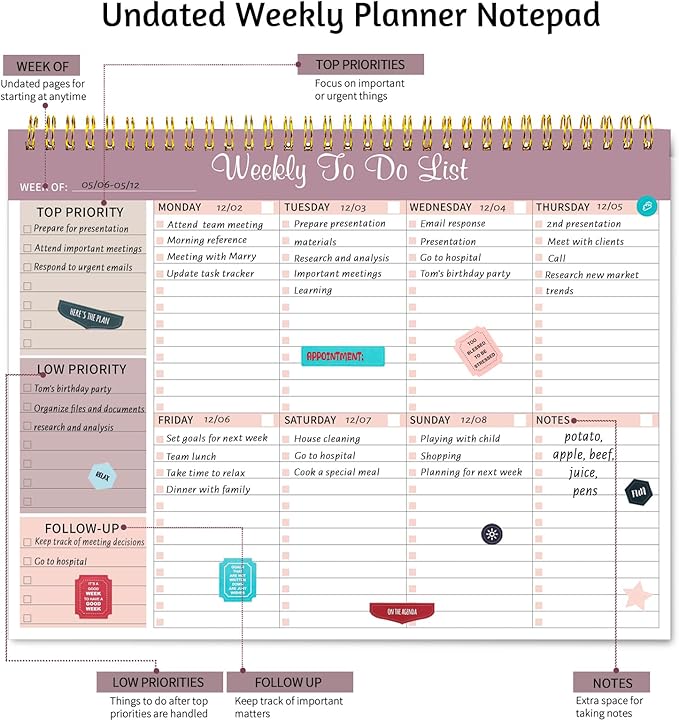 Weekly To Do List Notepad, 8.5''x11'' Weekly Desk Planner with 52 Tear Off Sheets Undated Weekly Planner Habit Tracker & Productivity Organizer for Home School and Work, Lilac