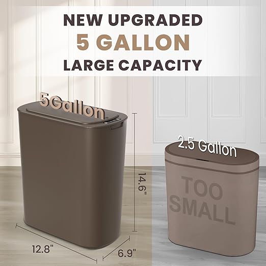 Cesun Motion Sensor Trash Can, 5 Gallon Automatic Bathroom Garbage Can with Lid, Touchless Smart Plastic Slim Wastebasket for Bathroom, Office, rv, Bedroom, Living Room, Brown