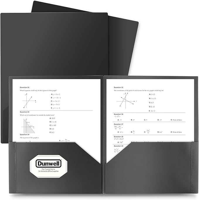 Dunwell Plastic Folders with Pockets (Black, 12 Pack), 2 Pocket Poly Folders for School, Home or Office, Durable Acid-Free Poly, Includes Removable Adhesive Labels