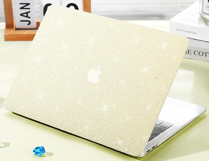 KEROM Bling Glitter Case for MacBook Air 13 inch 2022-2018 M1 A2337 A2179 A1932, MacBook Air M1 Case, Luxury Bedazzled Shiny Sparkle PU Leather Hard Shell & Keyboard Cover for Mac Air 13 M1, Yellow
