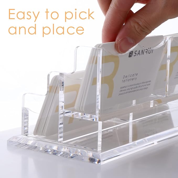 SANRUI Clear Horizontal Business Card Holder Stand for Desk, Acrylic Desktop Display Name Cards Holders Organizer Storage Rack,for Exhibition, Home , Office ,2 Tier 4 Pocket, 240 Card Capacity