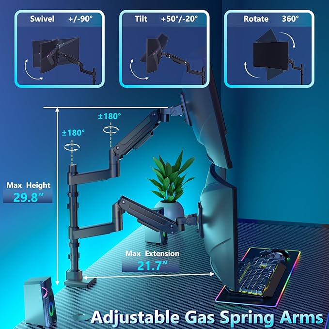 WALI Dual Monitor Mount for Ultrawide Heavy Duty Curved Monitor Stacking, Dual Monitor Arm Fits 17-49 Inch for Ultrawide Screens up to 44lbs, 49 inch Monitor Arm, Black