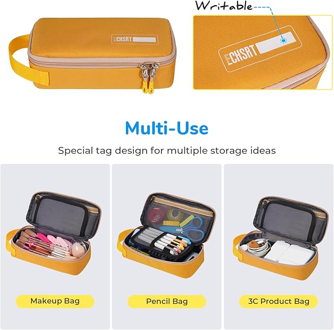 ECHSRT Pencil Case for Men Women, Large Pen Bag for Adults, Portable Pencil Pouch Aesthetic with Handle, Zipper Cases for Office Organizer Yellow for Girls