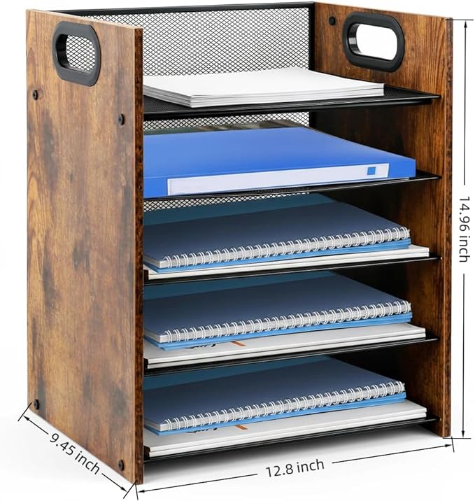 Wood Desk Organizer - 5-Tier Desktop File Organizer, Wooden Paper Tray, Office Desk Organzier and Accessories for Papers, Mail, Notebooks, Stationery