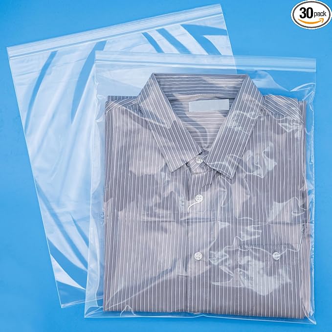 13" X 15" (30 Count) 2 Mil Clear Plastic Shirt Bags, Reclosable Large Poly Bags with Zip Seal for Travel, Storage, Packaging, Shipping