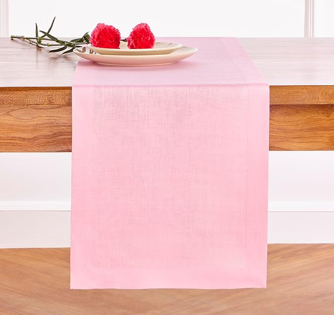 Solino Home Linen Table Runner 60 Inches - 100% Pure Linen Pink Lemonade Table Runner 14 x 60 Inch Ideal for Dresser and Coffee Tables - Fete
