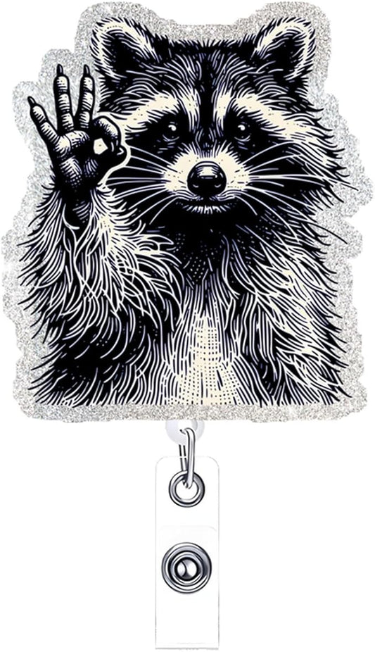 Raccoon ID Badge Reel Holder Retractable Medical Badge Reels Designs Cute and Funny Racoon OK Gesture Shirt Badge Clip Holders for Teacher Doctor Office Retractable Nursing Social Worker Accessories