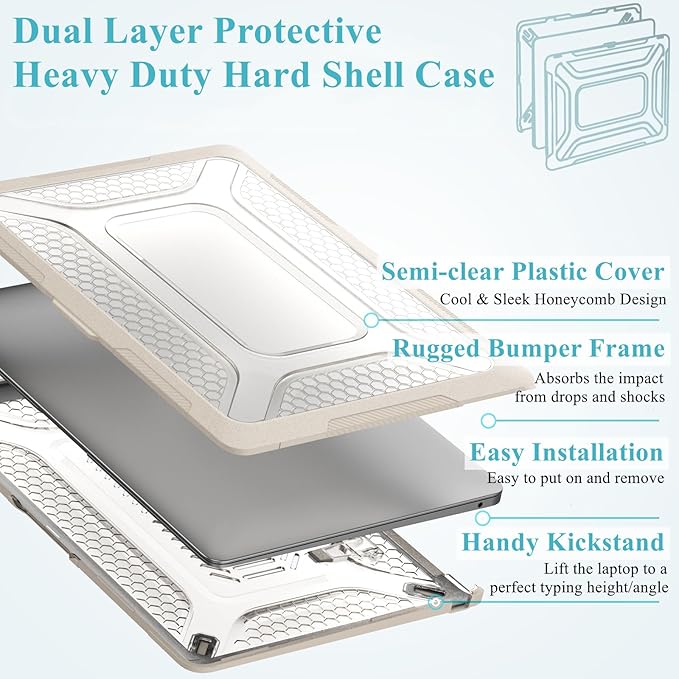 KEROM Heavy Duty Case for MacBook Pro 14 inch 2025-2021 M5 M4 M3 M2 M1 Chip A3434 A3112 A3185 A3401 A2918 A2992 A2779 A2442, Rugged TPU Bumper Hardshell with Foldable Kickstand & Keyboard Cover, Beige