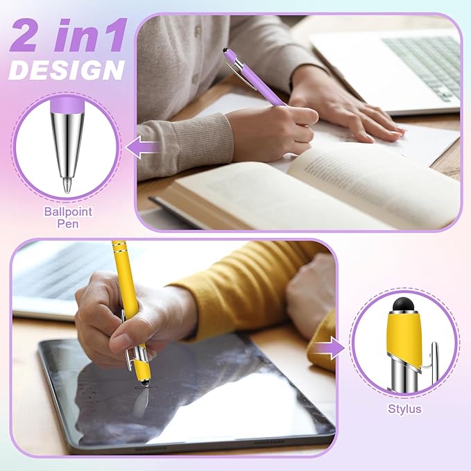 Tenare 12 Pieces 2 in 1 Stylus Metal Ballpoint Pen with Stylus Tip, 1.0 mm Black Ink Ballpoint Pen for Touch Screens(Vibrant Colors and Silver)
