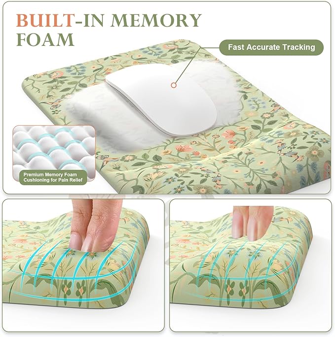 iCasso Mouse Pad with Wrist Rest,Large Desk Mat Set,Ergonomic Keyboard Pad with Wrist Support,Non-Slip Mouse Mat for Women,Cute Floral Computer Mat for Home Office Gaming (Light Green)