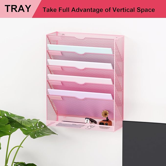 Hanging Wall File Organizer 6 Tier Wall Mounted Mail Paper Folder Holder Document Organization Stand, Vertical Desk Magazine Rack for Office Home Cubicle Countertop, Pink