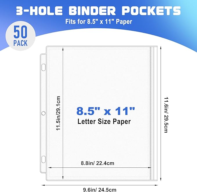 Antner 50 Pack Letter Size Binder Pockets for 3 Ring Binder, Waterproof Resealable Zip Loose Leaf File Bags Document Organizer Folders Insert Page Sleeves PVC 3-Hole Sheet Protectors for 8.5x11 Paper