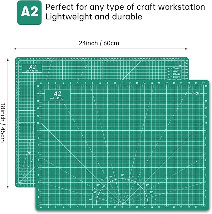 Rotary Cutter Set Green - Quilting Kit incl. 45mm Fabric Cutter, 5 Replacement Blades, A2 Cutting Mat, Acrylic Quilting Ruler, Sewing Clips, Craft Knife Set, Ideal for Crafting, Sewing, Patchworking