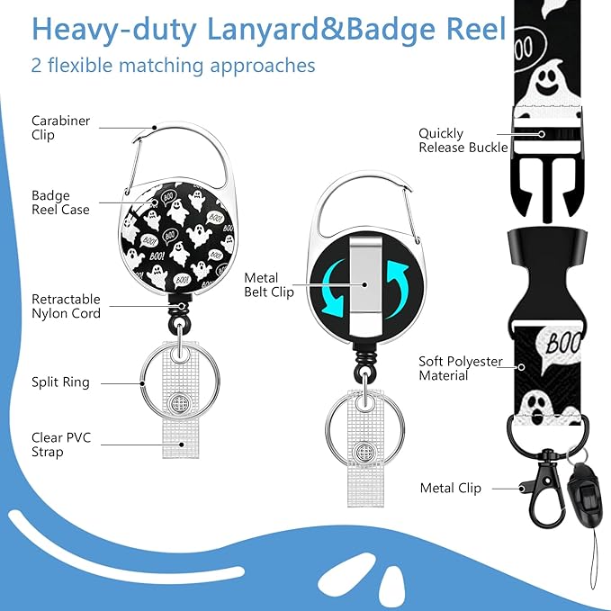 Halloween Badge Holder Reel Lanyard,Ghost ID Card Badge Holder Retractable Name Tag Clips for Doctor Nurse Teacher Office Student