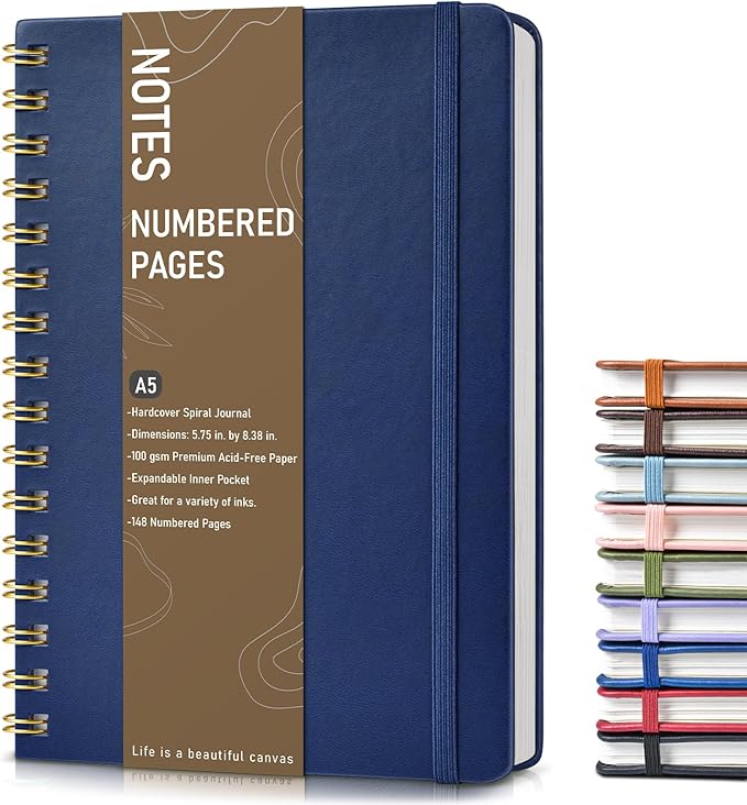 Lined Spiral Journal Notebook, A5 Hardcover Spiral Journals for Women Men, 150 Numbered Pages Spiral Bound Notebook, 100 GSM College Ruled Notebooks for Writing Note Taking 5.75" x 8.38", Navy Blue