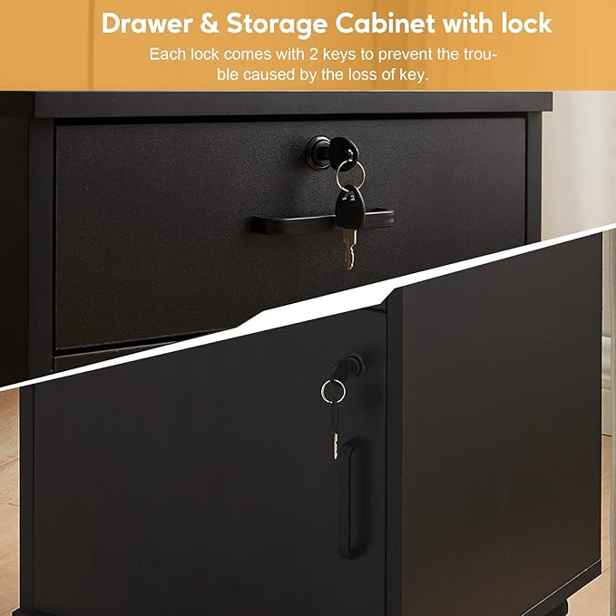 CLIPOP Rolling Storage Cabinet with Drawer, Home Office Cabinet with Lock, Under Desk Storage Cabinet for Home Office, Black