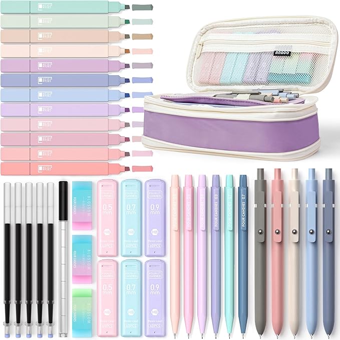 Four Candies 39 PCS Aesthetic School Supplies with Cute Pen Case, 12 Pastel Highlighters, 5 Black Ink Gel Pens, 6 Mechanical Pencils Set for Students Stationary College Essentials (Purple)