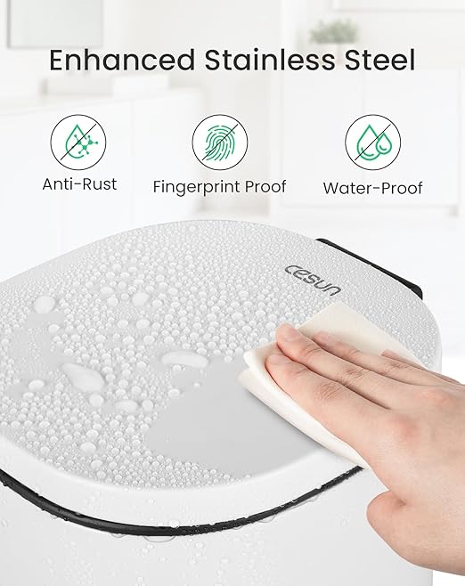 Cesun Bathroom Trash Can with Lid, 1.3 Gallon Small White Garbage Can with Foot Pedal, Metal Round Wastebasket for Bathroom, Bedroom, Office, White