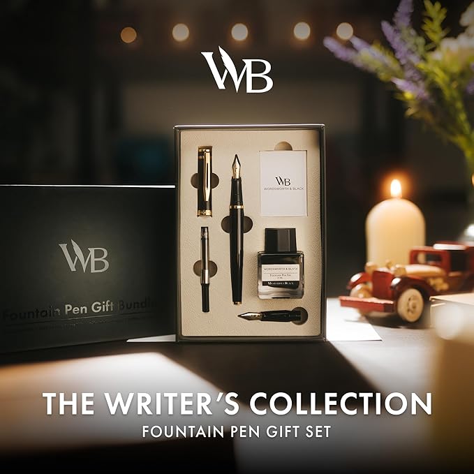 Wordsworth & Black Fountain Pen Set,18K Gilded Medium and Extra Fine Nib,25MLBlack Ink Bottle,6 Ink Cartridges,Refill Converter,Gift Box,Smooth Writing Pens [Black Gold],Gift Set for Men and Women