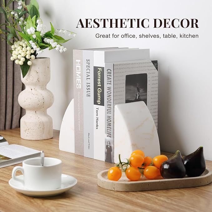 Koville Marble Bookends for Shelves, Large Bookends for Heavy Books, Natural Stone Book Stopper for Books CD Movies, Aesthetic Decorative Book Ends (Golden Calacatta)