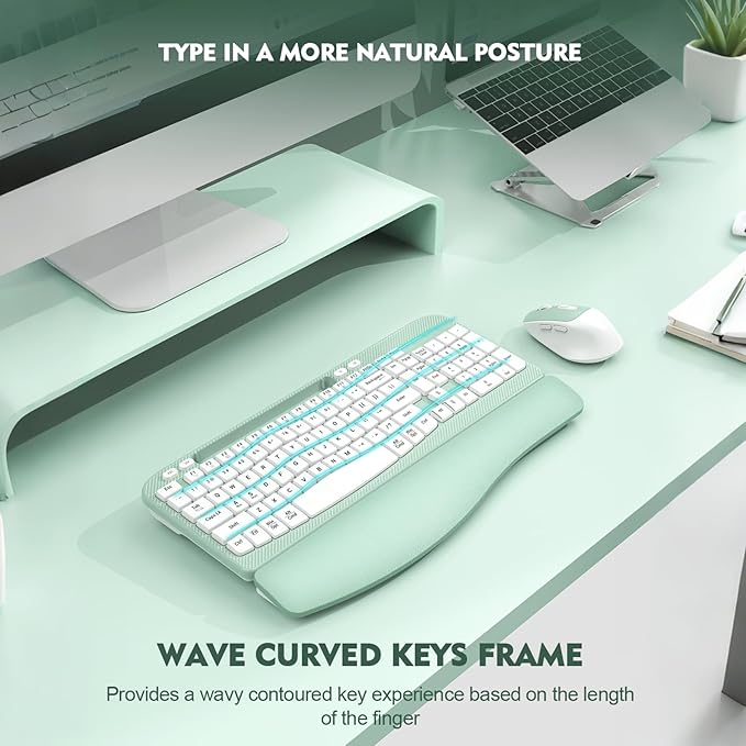 Wireless Keyboard and Mouse Combo, Wave Keys Full-Sized Ergonomic Keyboard with Cushioned Plam Rest, Phone Holder, Comfortable Natural Typing, 2.4G Cordless Set for Computer, Laptop, PC, Mac, Windows