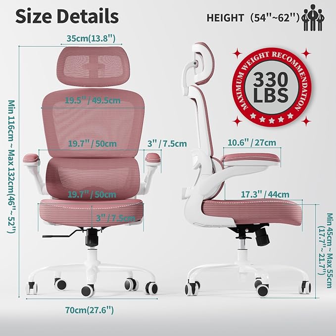 TRALT Ergonomic Office Chair - Desk Chair with Adjustable Headrest Lumbar Support Computer Chair - Mesh Comfy Chair with Flip-up Armrests - Gaming Chairs for Adults Home Office (Leather, Pink)