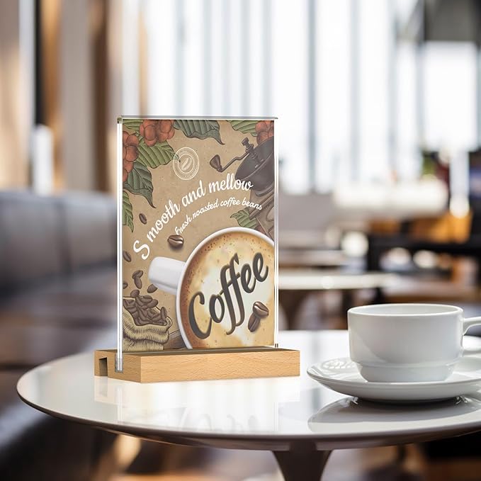 MaxGear L/T Shape Acrylic Sign Holder, 5 X 7 Clear Table Display Stand with Wooden Base, Flyer Menu Holder Photo Frames Paper Stand for Office, Wedding, Restaurants, Hotels 6 Pack