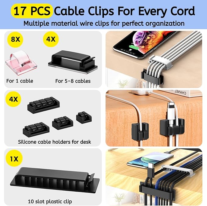 [142Pcs] Cable Management Kit with Cable Box, Medium Cord Hider Box to Conceal Power Strip Holder on Desk or Floor, Under Desk Cable Management Kit Cable Organizer Box, TV Cord Organizer Box, Black