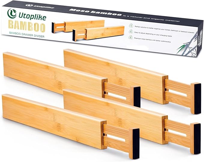 Utoplike Small Bamboo Kitchen Drawer Dividers(Fits 15"-17.7" Drawer Inner Size), 4 PCS Adjustable Drawer Organizers for Socks, Spring Loaded, Works in Drawer for Bedroom, Dresser