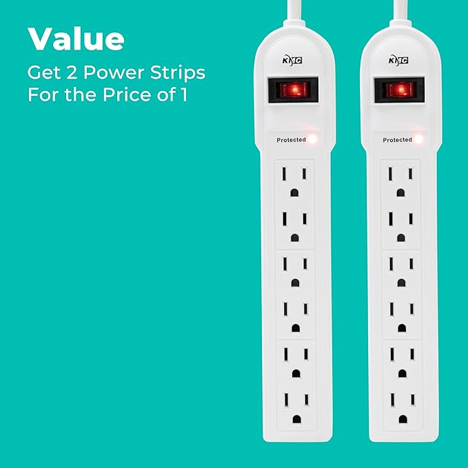 KMC 6-Outlet Surge Protector Power Strip 2-Pack, Overload Protection, 4-Foot Cord, 900 Joule - White
