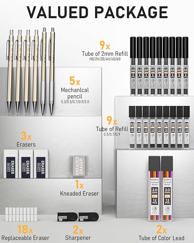 Nicpro 34PCS Art Mechanical Pencil Set, Metal Drafting Pencil 0.3 mm & 0.5 mm & 0.7 mm & 0.9 mm & 2PCS 2mm Lead Holder (6B 4B 2B HB 2H 4H Colors) For Sketching Drawing With 19 Tube Lead Refills Case