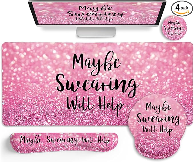 Pink Mouse Pad Set, Ergonomic Mouse Pad with Wrist Rest Keyboard Wrist Support, Large Desk Matt for Desktop, Gaming Mousepad Cup Coaster Set, Cute Pink Office Desk Accessories Decor Supplies