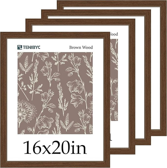 16x20 Frame 4 Pack - Brown, HD Tempered Glass, Natural Wood Picture Frame, Display 16 x 20 Photos or Posters, Vertical & Horizontal Wall Hanging