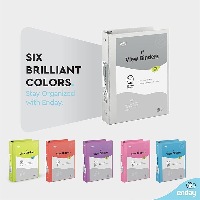 3 Ring Binder Grey, 1 Inch, 1” Clear View Cover with 2 Inside Pockets Round Ring Binder, Colored School Supplies Binders, Also Available in Pink, Blue, Purple, Green, and Red (6 PC) – by Enday