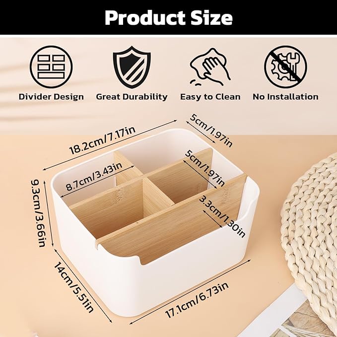 Segarty Desk Storage Box, Divided Bamboo Desktop Organizer, Pencil Holder, Detachable Pen Holder, Remote Control Holder, Cell Phone Box, Modern Wooden Desk Side Organizer for Office Home Accessories
