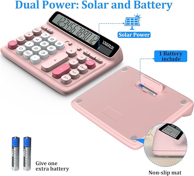 Desktop Calculator with Extra Large 5-Inch LCD Display, 12-Digit Two Way Power Solar & Battery Office Calculator with Big Buttons for Business, Accounting & Home Use(Pink)