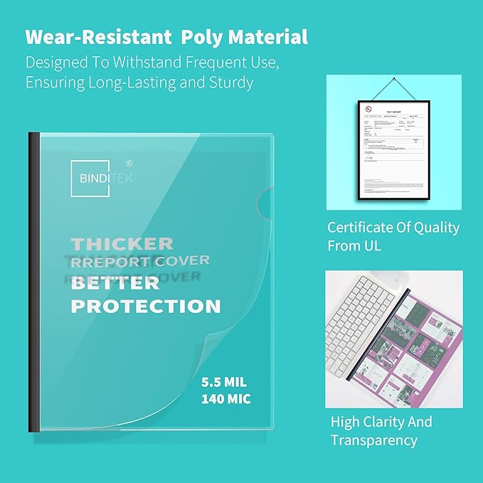 Binditek 100 Pack Clear Report Covers with 9mm Sliding Bars, 70 Sheet Capacity, Black and White Binding Bars, Letter Size, for Students and Coworkers
