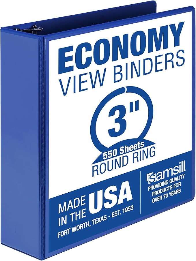 Samsill 3 Inch 3 Ring Binder, Made in USA, Economy Round Ring, Clear View Cover, 550 Sheet Capacity - for School, Home, Office -Dark Blue