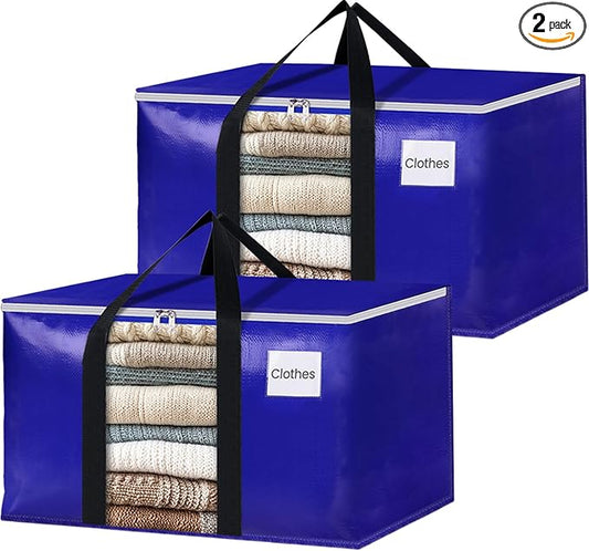 BlissTotes 2 Pack Moving Bags with Clear Window, Storage Bags with Strong Carrying Handles & Zippers,Large Packing Bags for Saving Space, Alternative to Moving Boxes(Blue,20 Gallon)