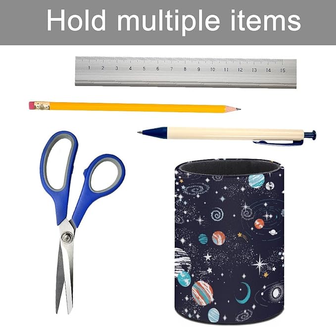 Galaxy Space Planets Pen Holder Pencil Organizer Cute Pencil Cup Desk Decor Makeup Brush Holder PU Multifunctional Office Suppliesfor Home Classroom School