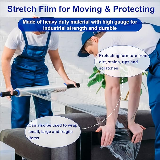 Stretch Film, RAZCC Stretch Wrap Industrial Strength, Shrink Wrap for Pallet Wrap, Heavy Duty Clear Plastic Wrap with Handles, Moving Wrapping Plastic Roll, 15" x 1000 Ft Per Roll, 60 Gauge, 2 Pack