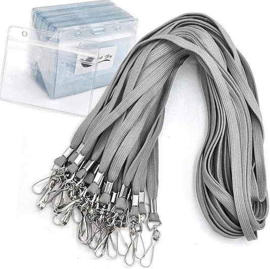 Name Tags Gray Lanyards/Badge Holder Pairs Woven Round Lanyard & Horizontal Sealable Waterproof Clear Plastic ID Card Lanyards with id Holder Name Badges (Gray, 50 Pack)