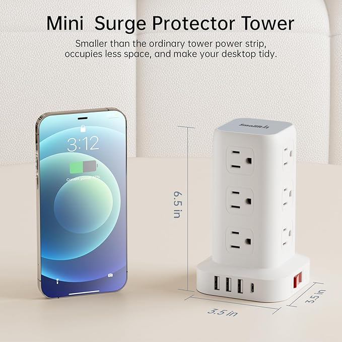 Surge Protector Power Strip Tower with Flat Plug, 10FT Ultra Thin Extension Cord with Multiple Outlets (1 USB-C), 1020J Protection，Desk Charging Station for Office, Dorm Room Essentials