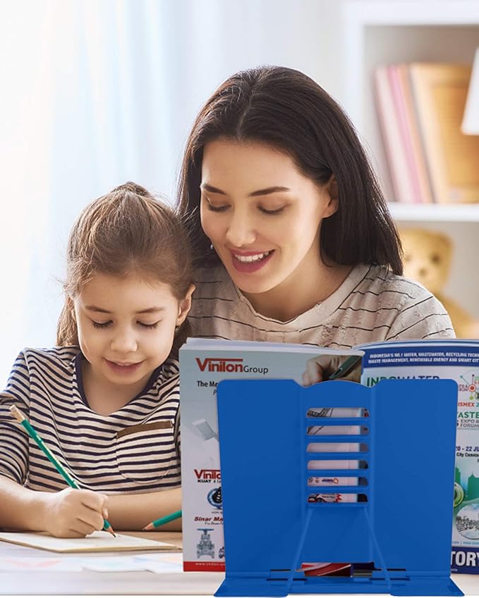 MSDADA Desk Book Stand Metal Reading Rest Book Holder Adjustable Cookbook Documents Holder Portable Sturdy Bookstands for Recipes Textbooks Tablet Music Books with Page Clips (Blue)