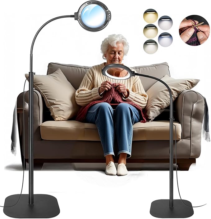 12X Large Magnifying Glass with Light and Floor Stand, Flexible Gooseneck Floor Lamp, 5.2" Lighted Magnifier Hands Free with 5 Color Mode 10 Adjustable Brightness, Clamp for Close Work,Sewing, Repair