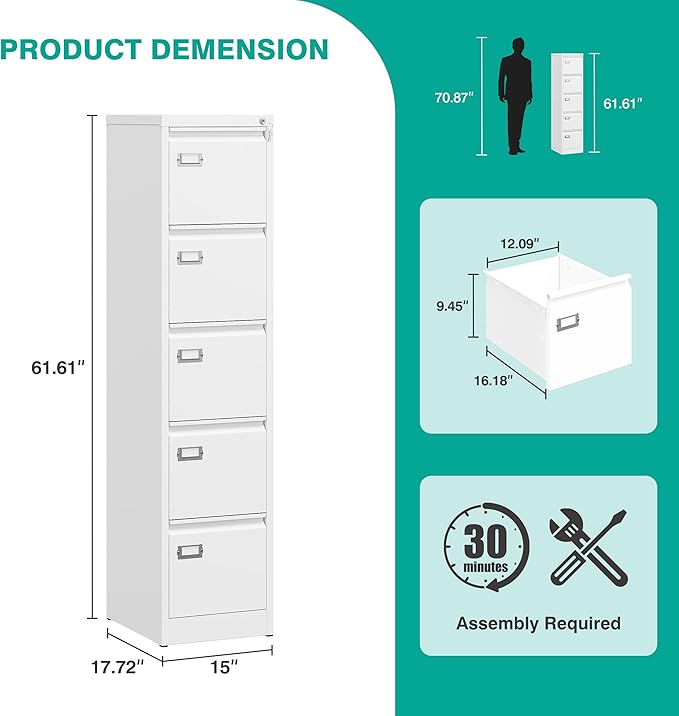 SISESOL 5 Drawer File Cabinet with Lock,Tall Vertical File Cabinet Five Drawer,15" Narrow Office Filing Cabinets,White Metal File Cabinets for Home Office,Fit A4,Legal,Letter Size,-Assembly Required