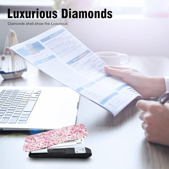 KEYPOWER Diamond Crystal Handmade Bling Dazzling Pink Stapler for Office, School, or Home
