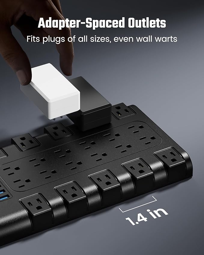 Surge Protector Power Strip, SUPERDANNY Charging Station 22 Outlets with 45W Type-C Fast Charging USB Ports, 4 USB-A, 2 USB-C, 2100J, 15A/1875W, 6.5Ft Flat Plug Extension Cord for Home Streaming Black