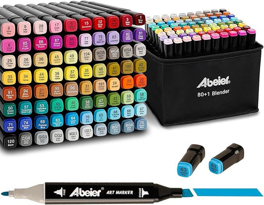 ABEIER 80 Color Alcohol Based Dual Tip Markers Set, Plus 1 Colorless Blender Pen, Permanent Sketch Markers for Kids, Adults Coloring and Artist Illustration